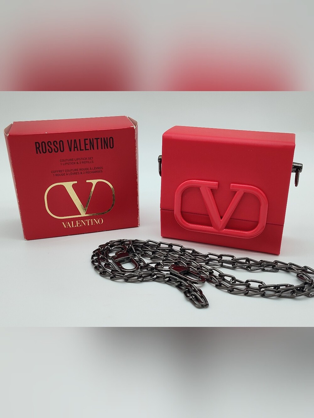 VALENTINO Rosso Couture Lipstick Set 3 Shades VLogo Case Chain Crossbody NIB NWT
